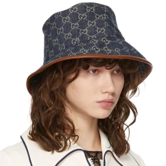 💋Gucci Bucket Hat Blue Denim Beige GG Monogram Logo Leather Trim Size Large*NEW - Picture 10 of 10
